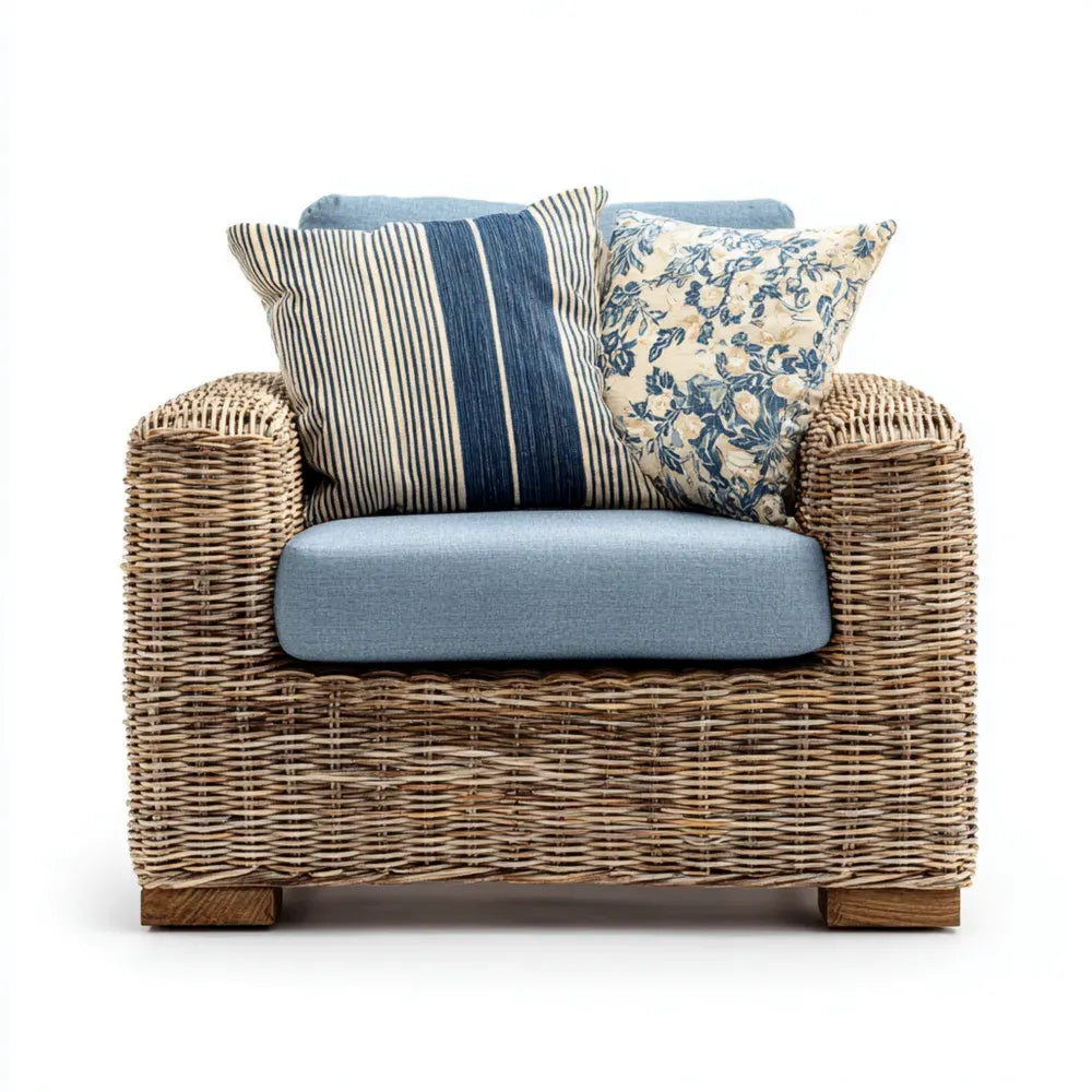 Patio Lounge Chair - Wicker Rattan 31.5x33.5x35.4 in - Natural Finish with Blue Cushion