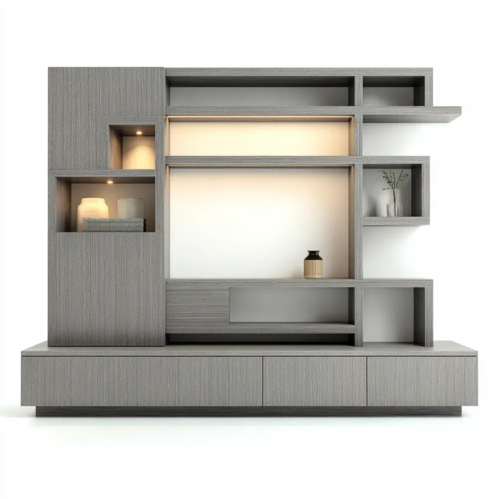 Modern TV Stand Wood 200x180x40 cm - Gray - Entertainment Center with Shelving